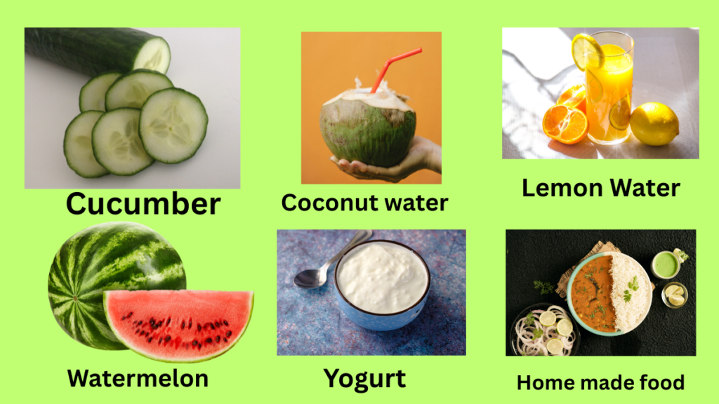 Heatwave bachne ke liye cucumber,coconut water,lemon water,watermelon,yogurt,aur homemade food ka sewan karein