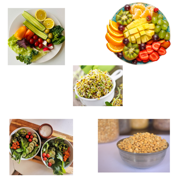 Hari sabjiya,fruits,salads,daal,sprouts